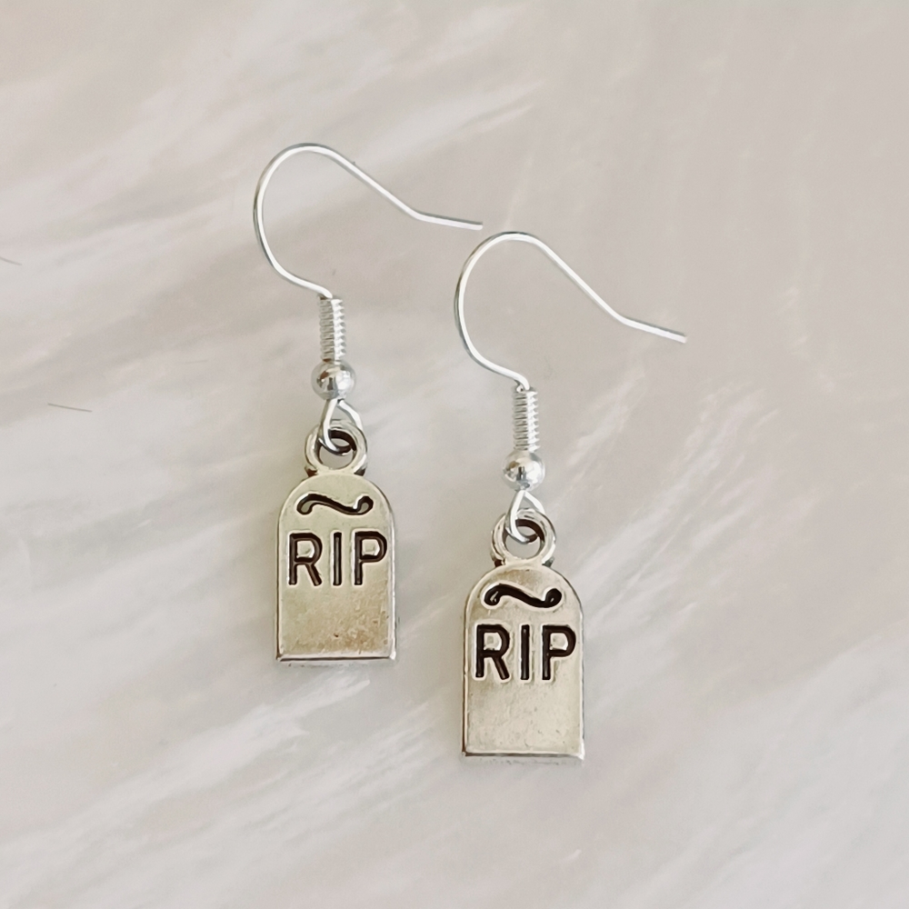 Silver RIP Tombstone Handmade Earrings